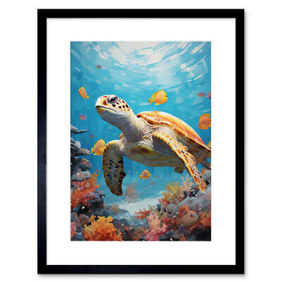 Unechte Karettschildkröte im Korallenriff hell detailliert Kunstwerk gerahmte Wandkunst 9 x 7 Zoll