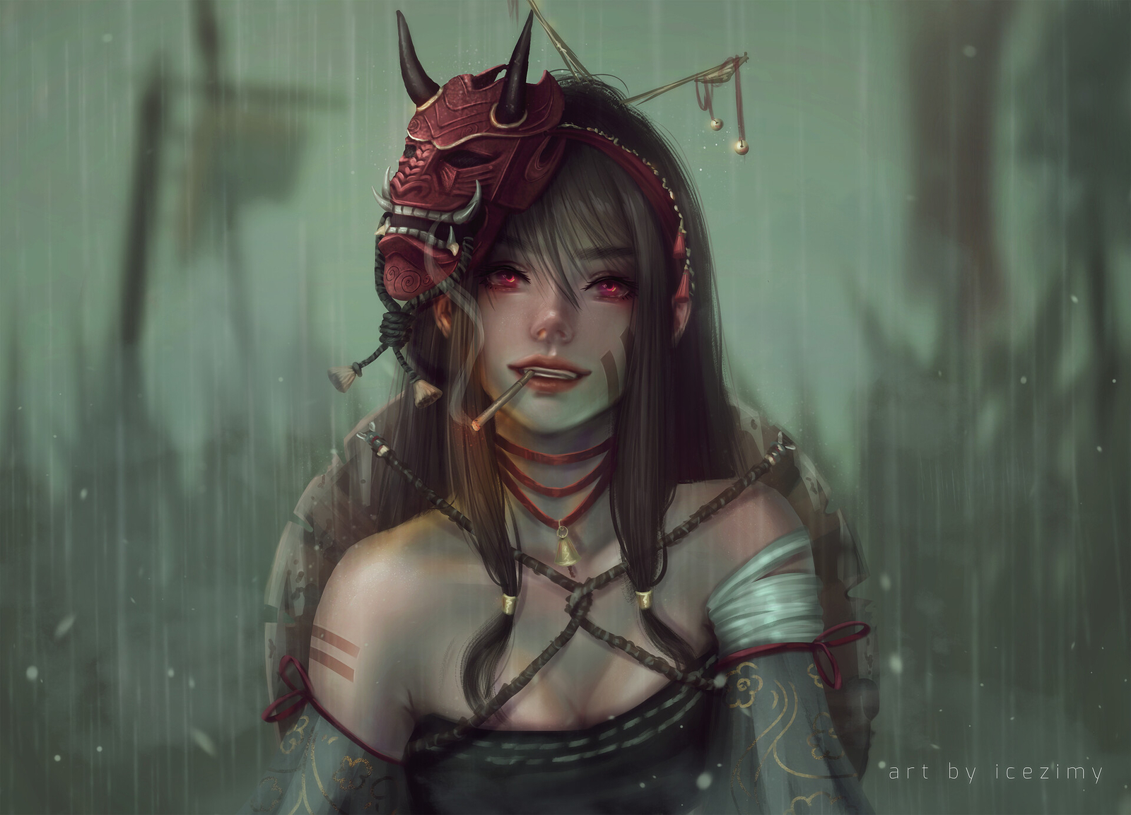 Anime ice zimy drawing looking at viewer mask rain Play Gaming Mat Desk