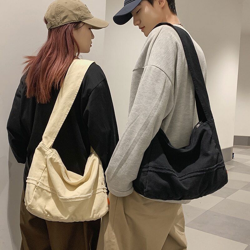 Women Canvas Shoulder Bag Unisex Student School Bag Travel Shoulder Bag