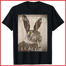Retro Who The Fck Is Alice Funny Rabbit Black Cotton T-Shirt S-5XL