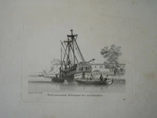 BEAUTIFUL ENGRAVING SEASCAPE BOAT SAILBOAT SHIP BRICK MERCHANT SHIP 1810