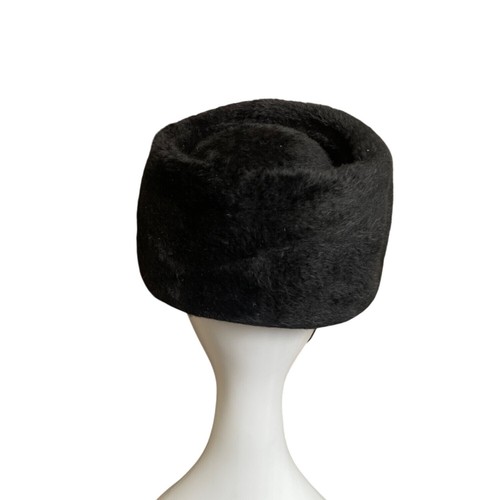 Vintage Black Faux Fur Pillbox Hat With Rhinestone & Mesh Accents - Picture 4 of 8