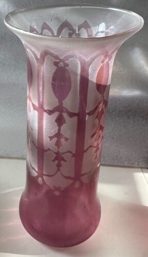 Antique Hand Blown Acid Ethed Art Deco CRANBERRY GLASS Vase 6" Tall - Picture 1 of 4