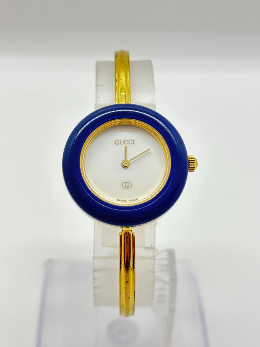 Exc+5] GUCCI 11/12 Change Bezel Blue Watch White Gold Used Working
