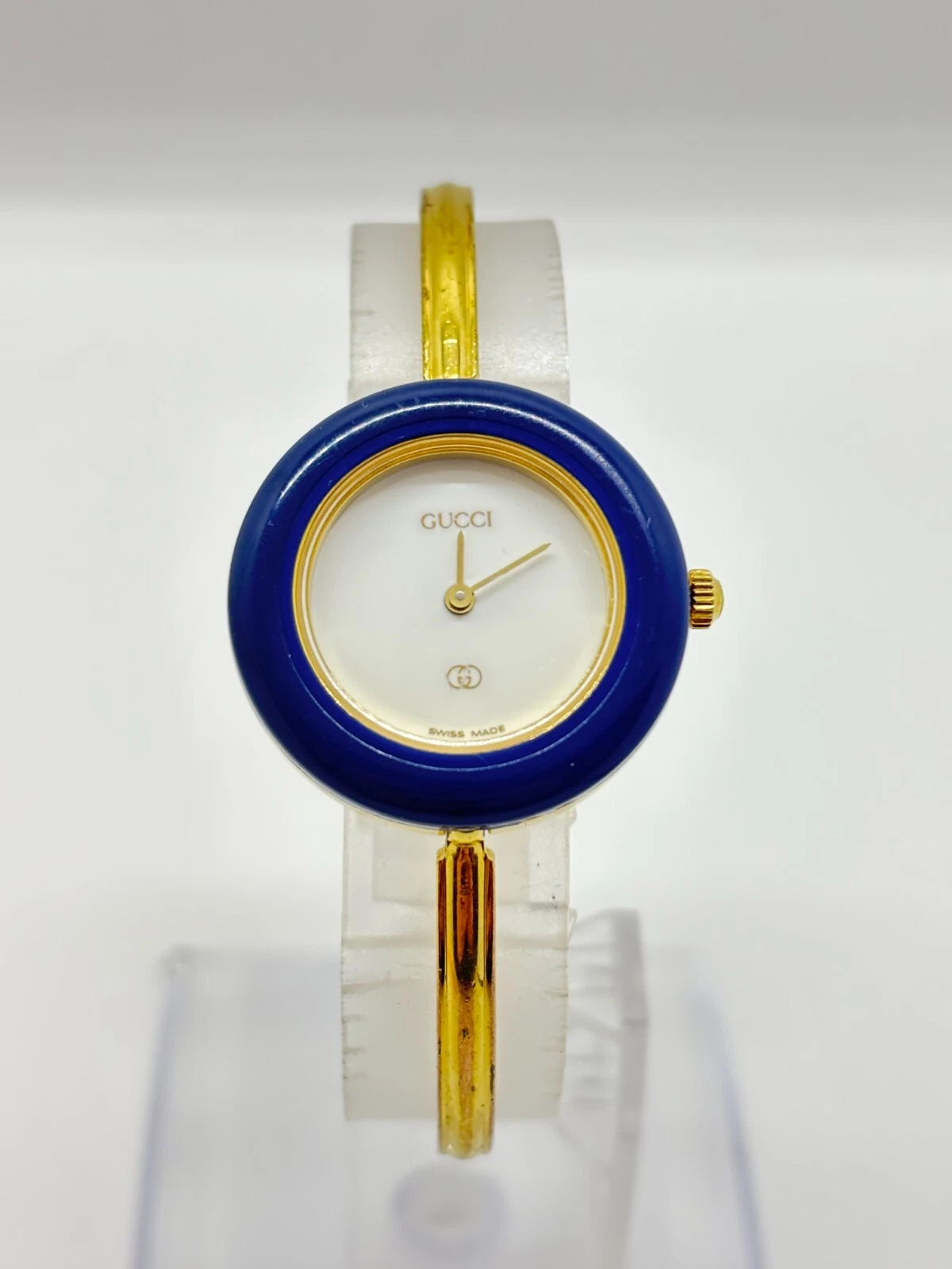 [Exc+5] Montre GUCCI 11/12 Lunette Changeable Bleu Or Blanc Occasion Fonctionne F/S