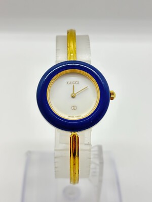 Exc+5] GUCCI 11/12 Change Bezel Blue Watch White Gold Used Working