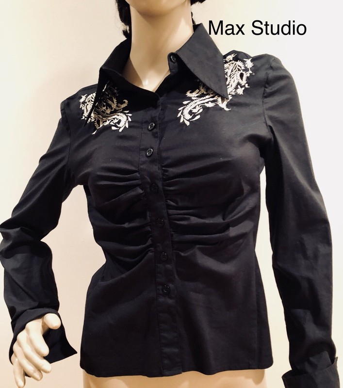 Max Studio Womens Shirt Black , Embroided Top, Button Front, Size S