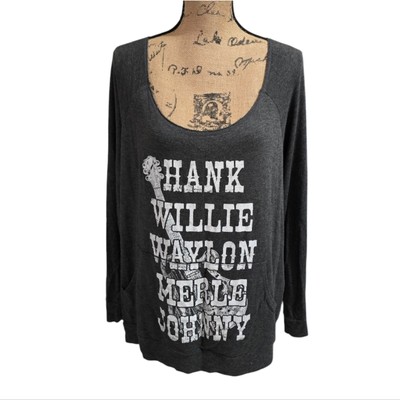Country Music HANK WILLIE JOHNNY MERLE Gray Graphic Long Sleeve Top L