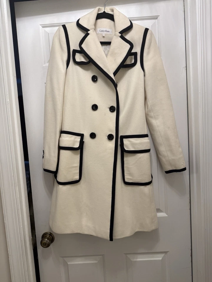 ¡Nuevo! Abrigo de invierno para mujer Calvin Klein talla 2 negro blanco tweet mezcla de lana Foto 2 de 3