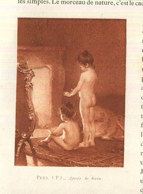 Antique Victorian Girls Sisters Warm Fireplace After Bath Sepia Miniature Print