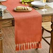  Tassel Table Runner, Fall Linen 13" x 72", Table Runner Terracotta Orange