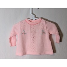 Vintage 1960s Baby Girl Pink Knit Sweater 3 Months Floral Embroidered Acrylic
