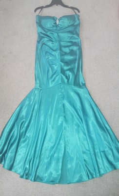 Camille LA Vie Long Mermaid Dress Teal Green Satin Size 16 Formal Prom 