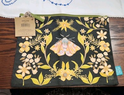 ''Moth'' Zip Pouch Cotton Canvas XLARGE Make-up, Pens/Pencils, 12 X 9 M. ALLEN