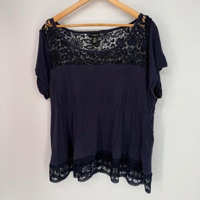 Torrid Navy Blue Lace Yoke Empire Waist Top Short Sleeve Plus Size 2 Paper Thin