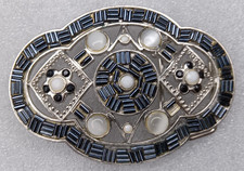 Belt Buckle Blue Black Silver Tone Art Deco Vintage