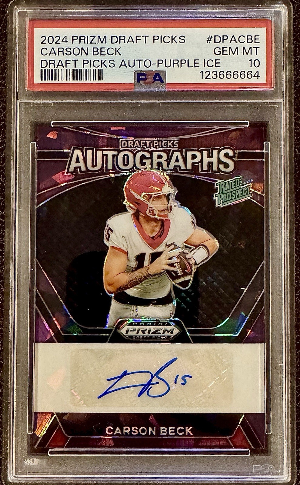 🔥👀 💎 Carson Beck Rookie Auto /99 2024 Prizm DP Purple Ice PSA10! Pop2!🔥