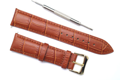 20mm Brown Crocodile Grain Leather Unisex Watch Band Gold Tone Buckle With Tool