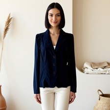 Minimalist Blazer Black Linen Blend Tailored Collared Coastal M S Per una US 8