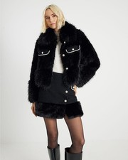 River Island Womens Faux fur Mac Coat in Black Size 6