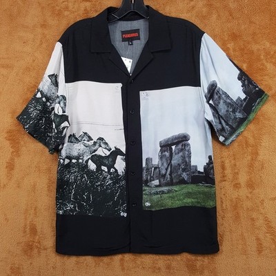 PLEASURES Button Shirt Mens Small Black Graphic Stone Hedge Horse $100