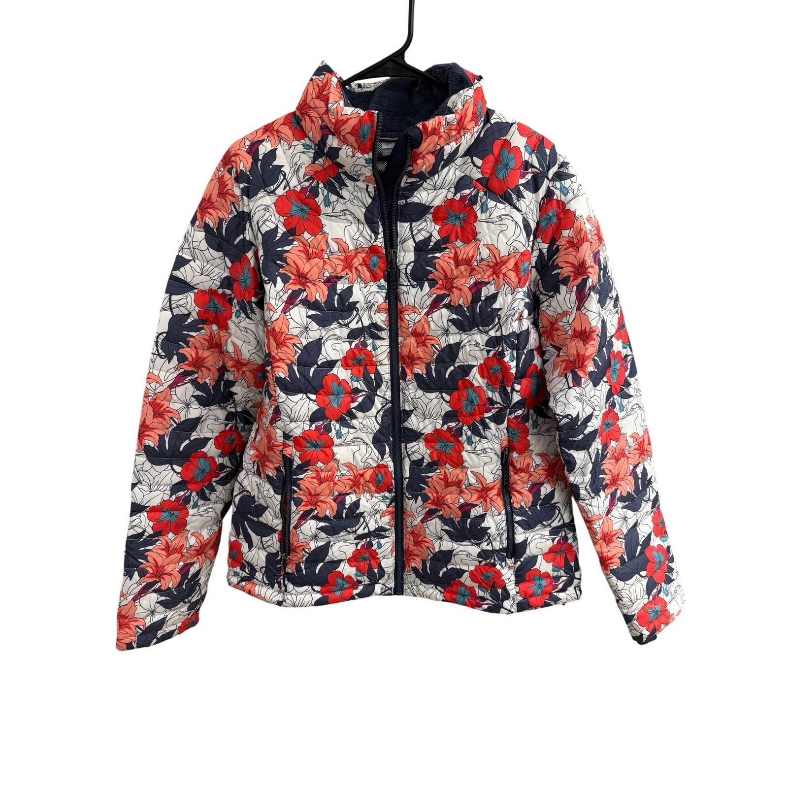 Columbia Omni-Heat Womens Large Floral Puffer Jacket Insulated Thermal Full Zip