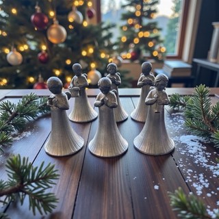 6 Vtg Pewter Angel Bells England Musical Instruments & Choir Books Stamped