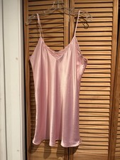 Vintage Pink Satin Slip Dress Lace Trim Nightie Coquette Y2K Sleepwear Cami Mini