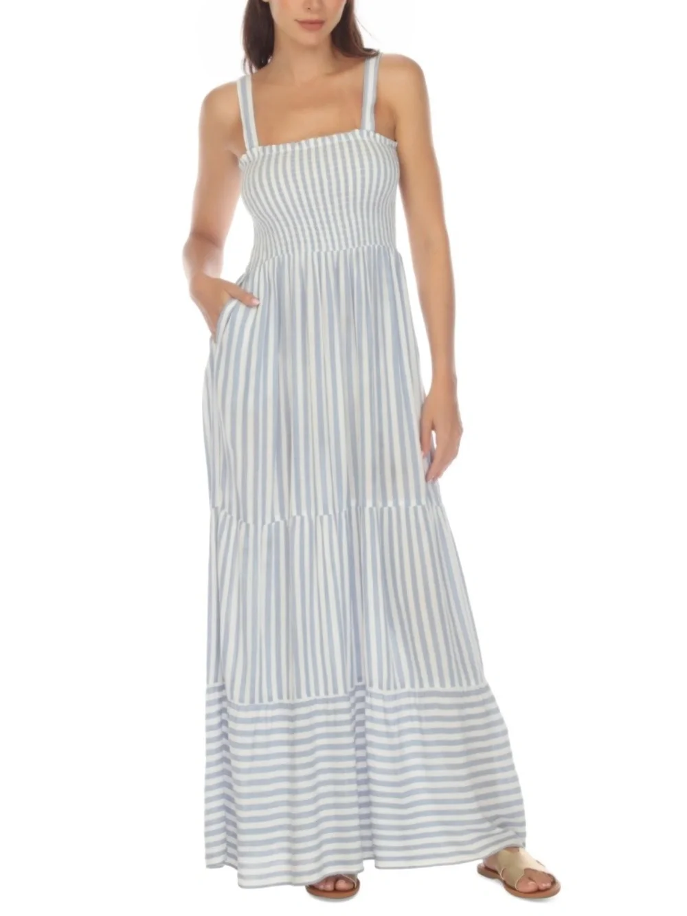 Raviya Womens Size Large Smocked Tiered Maxi Dress Swim Cover Up in Blue $54 192