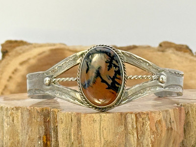 Vintage Navajo Native Sterling Silver Petrified Wood Stamped Cuff--1487.26
