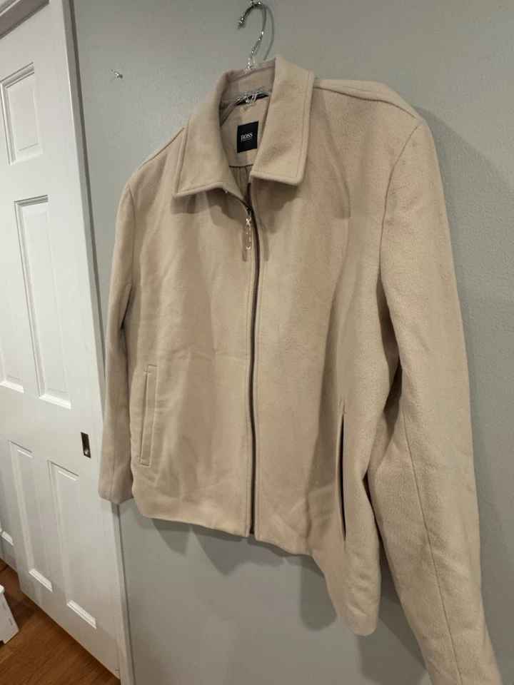 Abrigo Hugo Boss Para Hombres 46R Beige Lana Mezcla Cachemira Vestido Chaqueta Cremallera Peso Ligero Foto 3 de 4