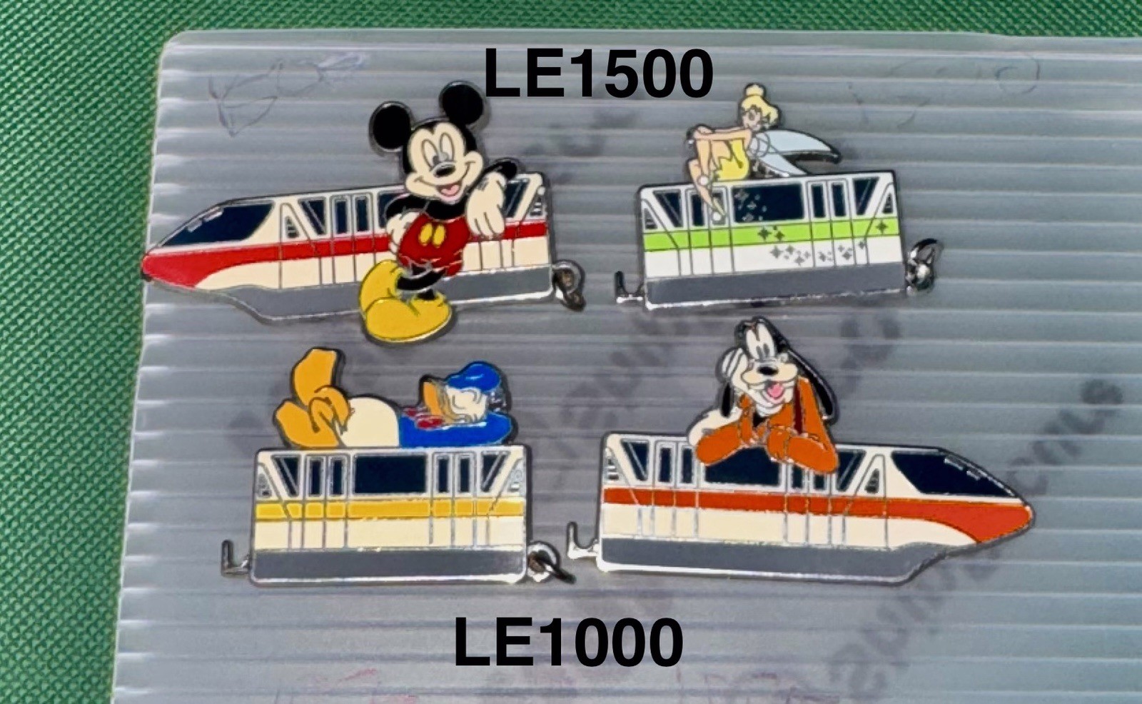 2006 Disney World Monorail LE 4 pin set  Mickey, Tinker Bell, Donald Duck, Goofy