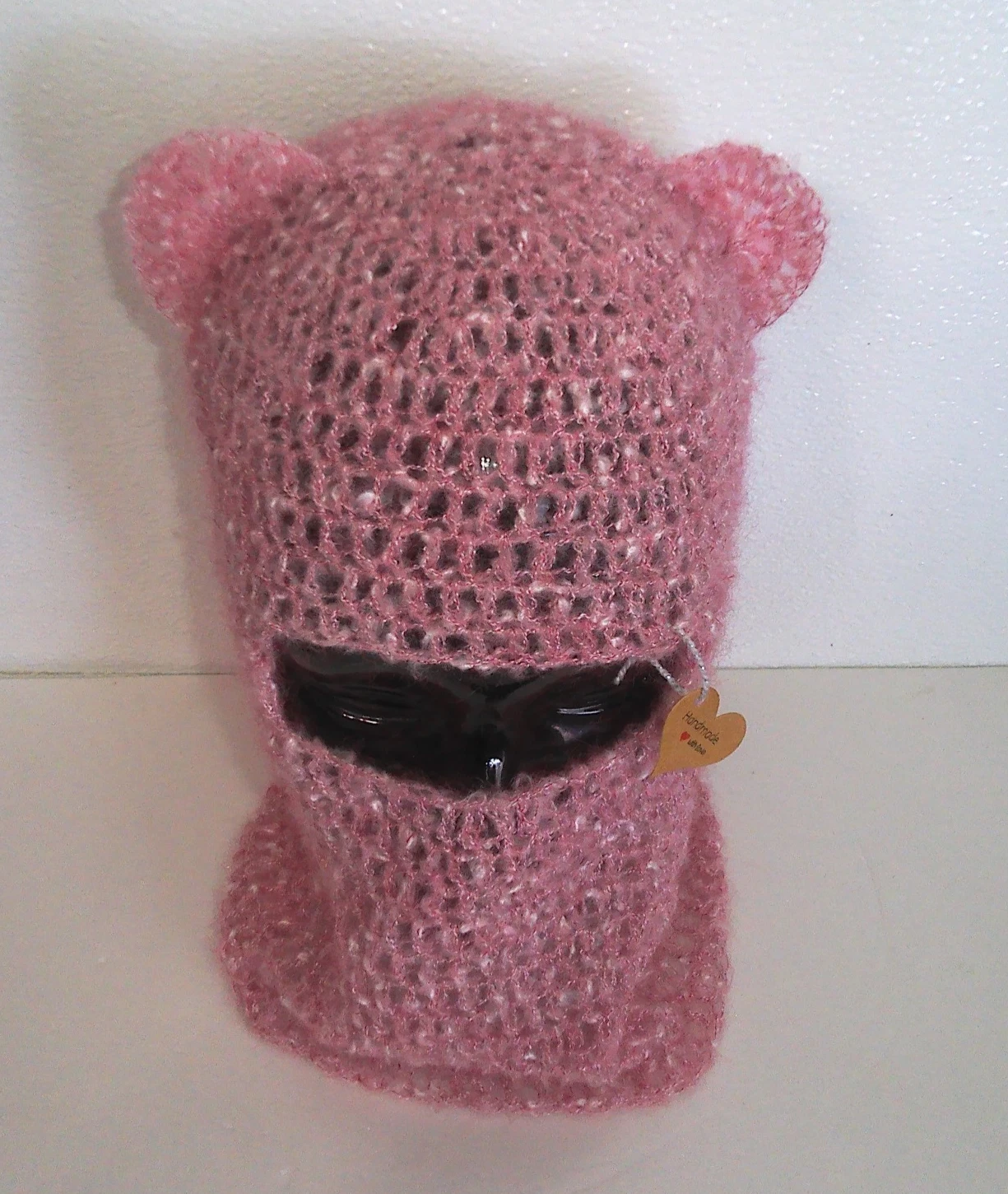 Handmade Teddy Bear Balaclava Hat Mohair Pink Open Knit Beanie Mask Schiesty