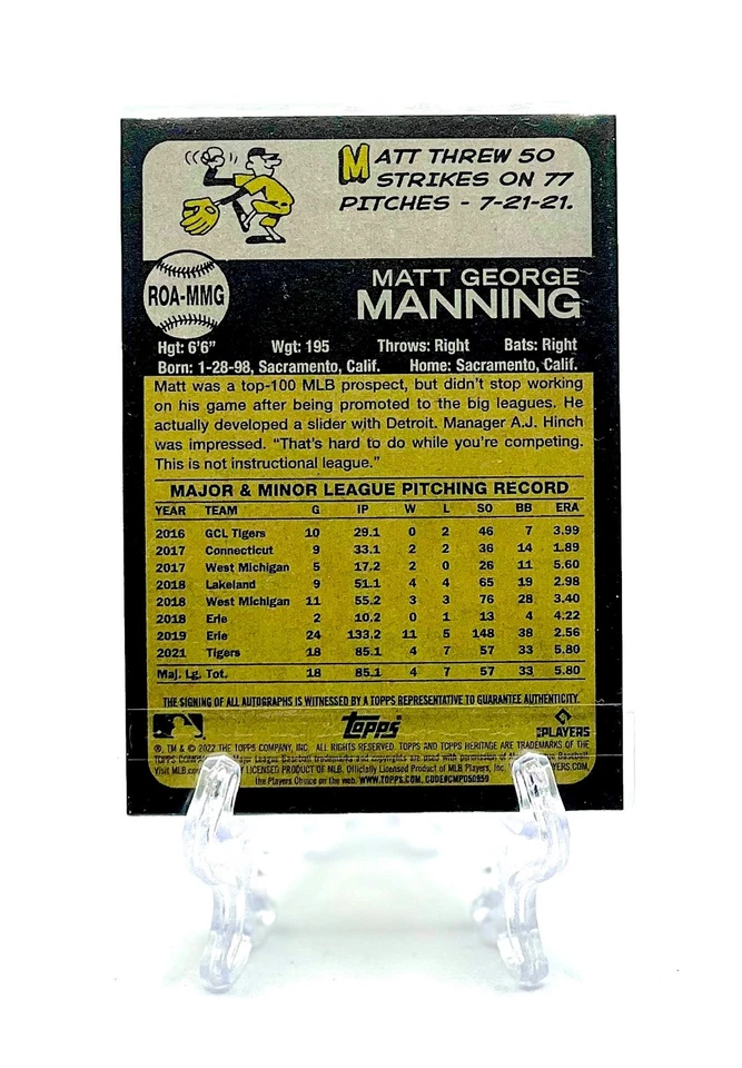 MATT MANNING 2022 Topps Heritage #ROA-MMG REAL ONE AUTOGRAPHS RC ROOKIE INSERT - Image 2 of 2