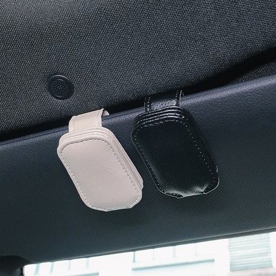 Car Sun Visor Leather Glasses Sunglasses Card Holder Clip Magnetic *1 pc Beige