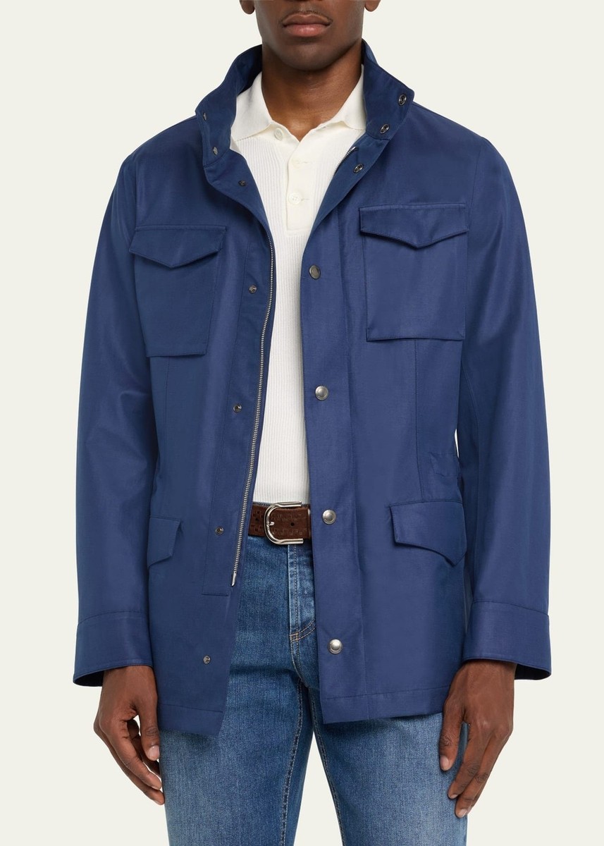 BRUNELLO CUCINELLI MEN'S PRUSSIAN BLUE LINEN SILK FIELD JACKET