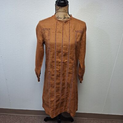 Roolee Linen Shift Dress Lightweight High Neck Rust Orange Women's Size S