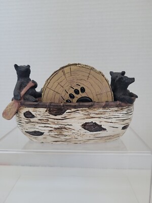 Black Bear 6 Pcs Coaster Set Canoe Rustic Log Kitchen Dining Decor Set