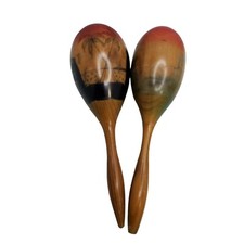 Vintage Set of 2 Wooden Maracas Hand-Painted and Etched Fiesta Instruments Made