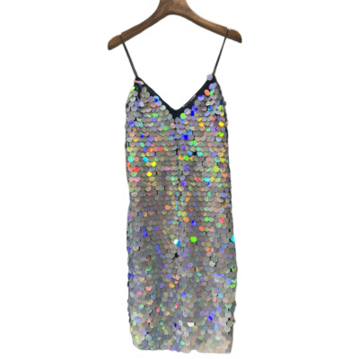 Femme Paillettes Sequin Col V Bretelles Fines Mini Robe Moulante