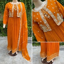 Pakistani Orangen crush Maxi Style Embroidered Sequins Chiffon Dress,L