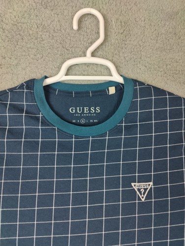 Guess shirt Mens Medium Blue Check Plaid Teal Trim Designer GUESS Los Angeles Te - Picture 2 of 16