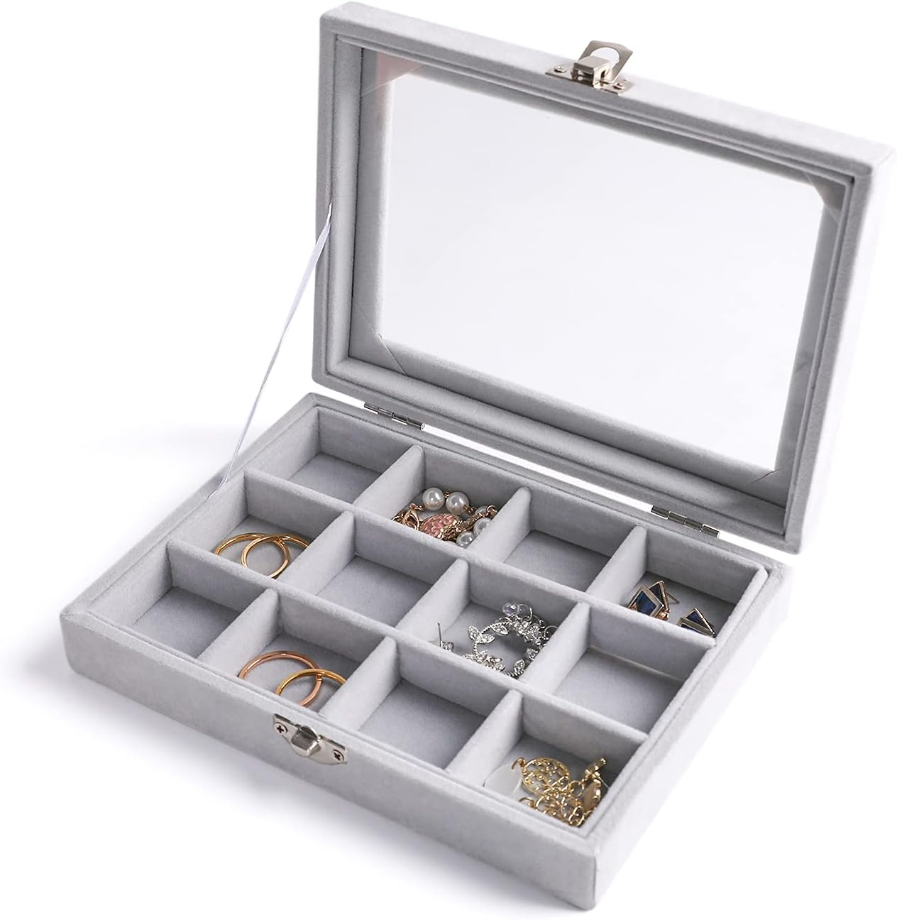 Jewelry Organizer Tray with Clear Lid,12 Grid Velvet Drawer Insert Jewelry Stora-image