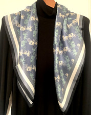 35"x35"Grey Blue Carriage Print Pure Mulberry Satin Silk14momme Scarf88x88cm5146