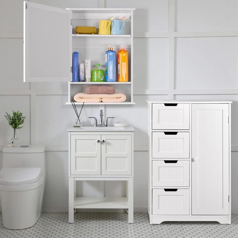 Mobiletto Specchiera Parete Bagno Armadietto specchio legno bianco | 65x48x15 cm - Image 4 of 4