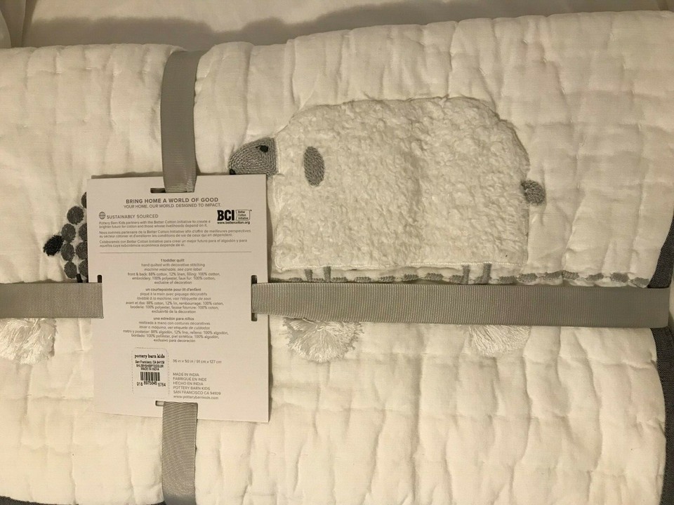 pottery barn Shelby Sheep crib Toddler quilt pom pom black white kids