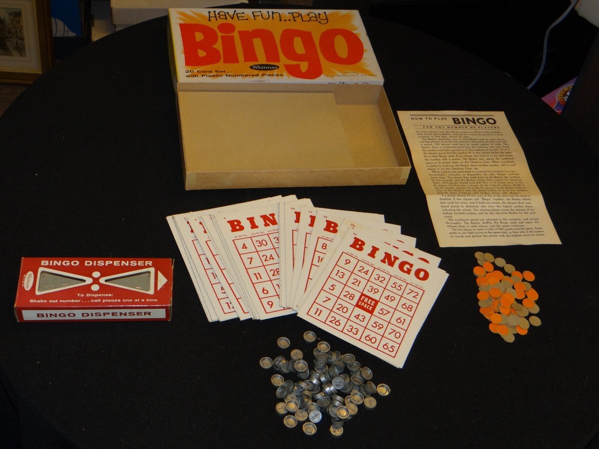 Vintage Whitman BINGO 20-card set in Orig. box w/plastic numbers 