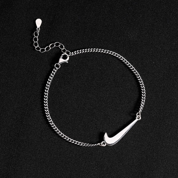 Titanium Silver Black Nike Hook Logo Right Marked Charm Cuff Chain
