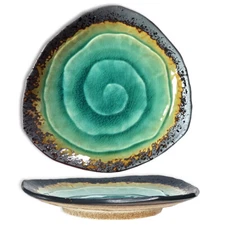 Japanese Dinner Plate Appetizer Dish 6.5"L Ceramic Ryokusai Green Rust Crackle