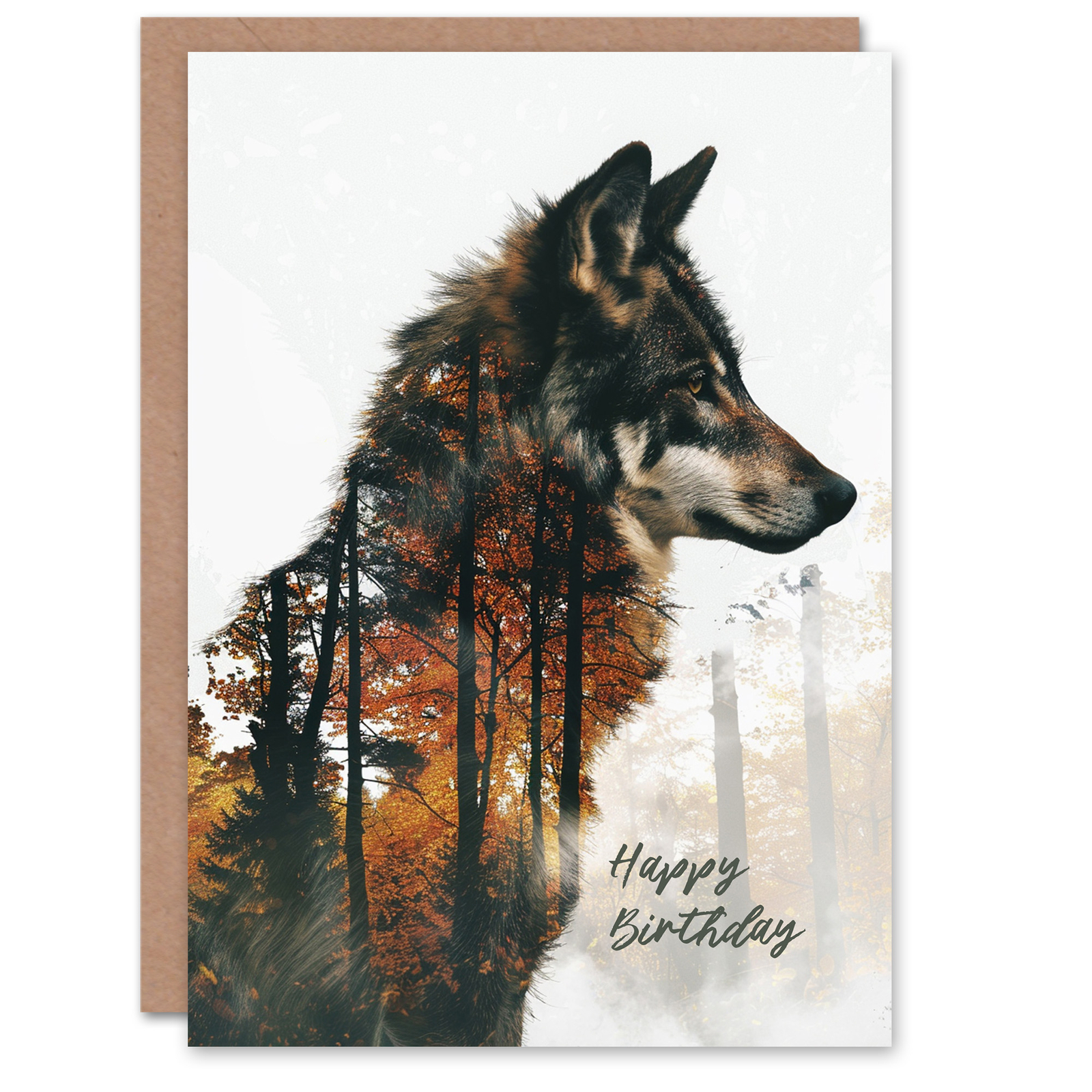 Birthday Card Wolf Autumn Forest Trees Double Exposure For Him Greeting Card